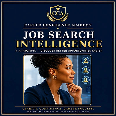 A promotional cover graphic for a digital course or book titled 'Job Search Intelligence' from Career Confidence Academy (CCA). The design features a dark navy blue background with gold borders and typography.
