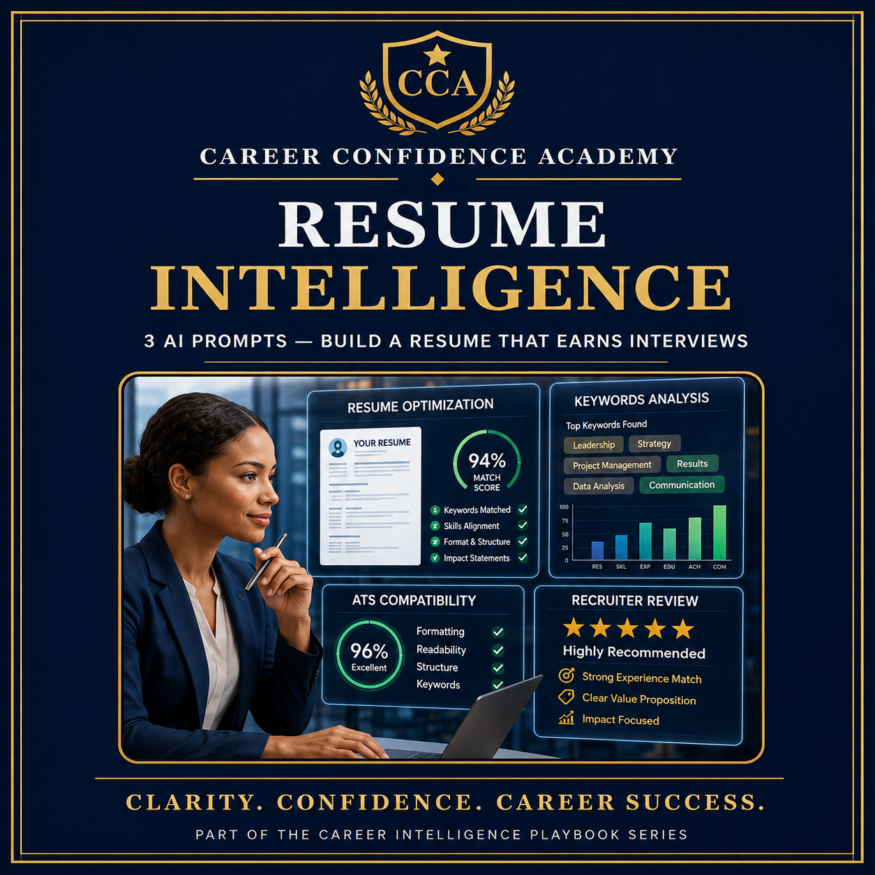 Promotional graphic for Career Confidence Academy Resume Intelligence, featuring a navy background with gold border and typography, plus a central inset showing a woman using a laptop and analytics panels for resume optimization, keywords analysis, ATS compatibility, and recruiter review.