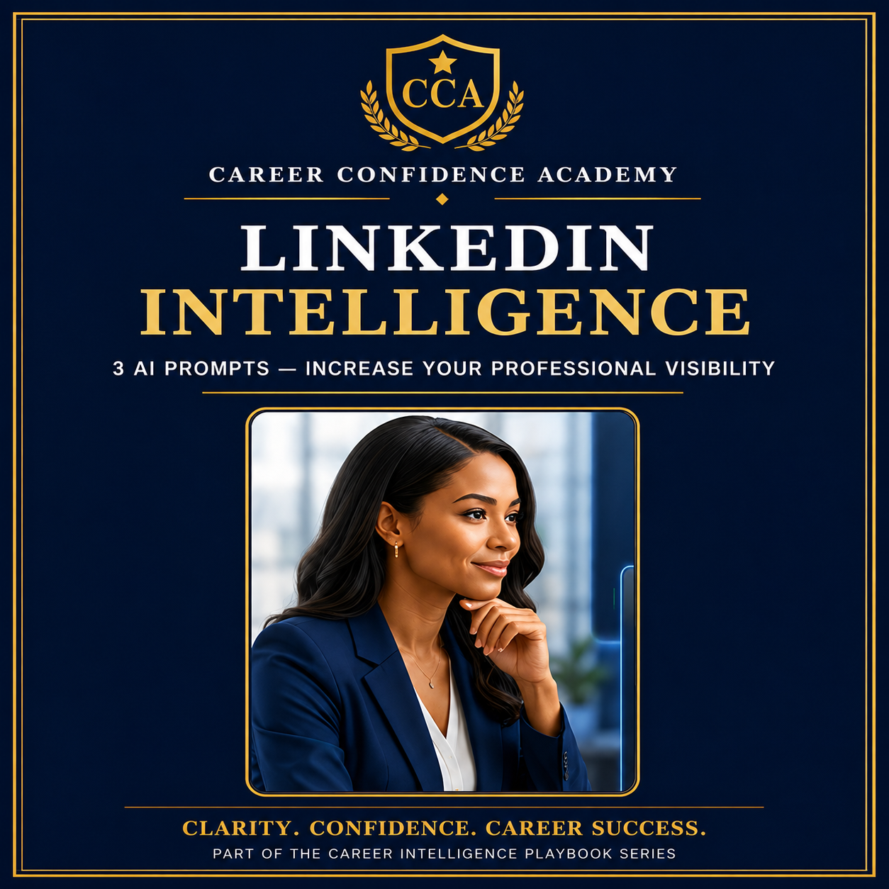 Promotional graphic for 'LinkedIn Intelligence' by Career Confidence Academy (CCA), featuring a navy blue background with gold text and borders, a small portrait of a woman in a navy blazer, and the CCA shield logo at the top.