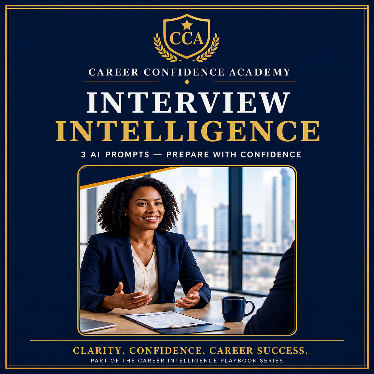 Digital cover graphic for 'Interview Intelligence' by Career Confidence Academy (CCA), featuring a navy blue background with gold text and a central photo of a woman in a business setting.