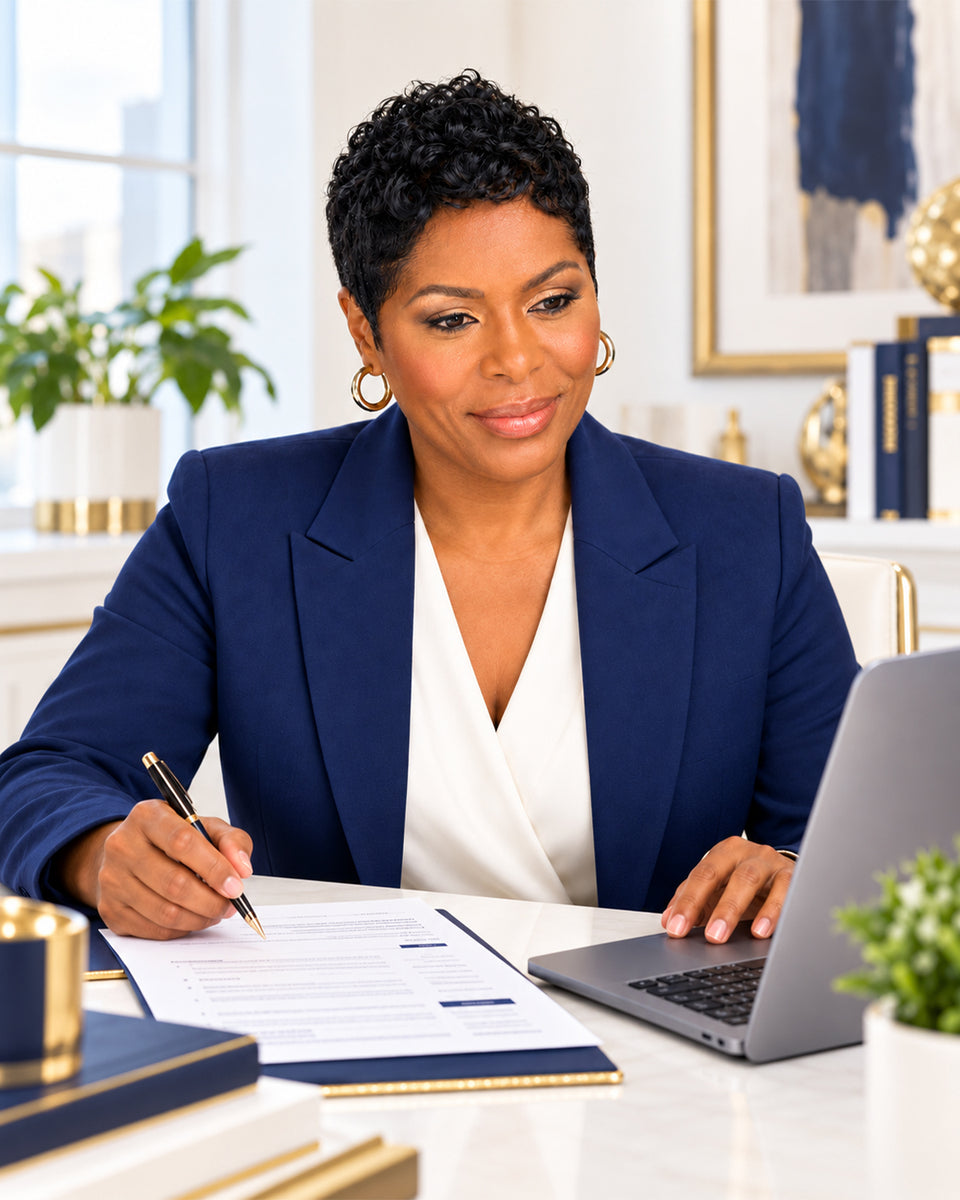 Jacqueline Hayes reviewing a resume at her desk